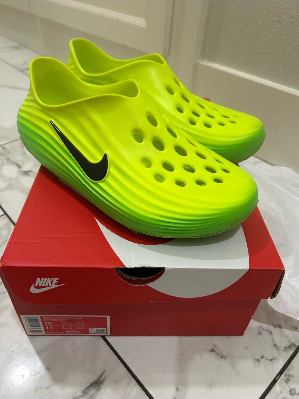 Nike Kids Neon Green Foam Slip-On Clogs with Black Swoosh